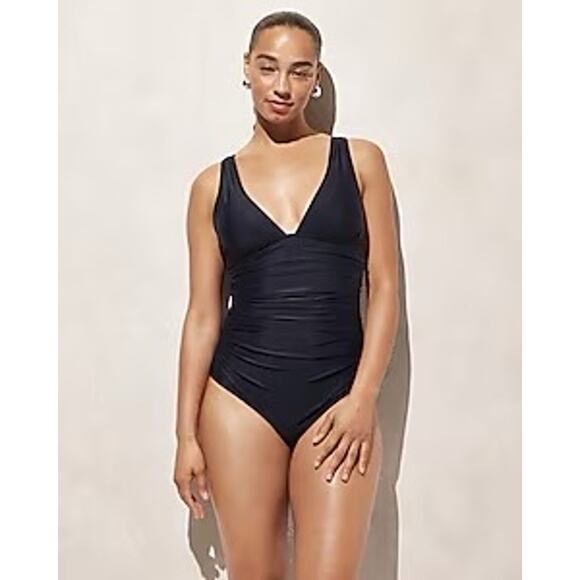 J Crew Ruched V Neck Navy Blue Full Low Cut Leg UPF 50 One Piece Swim Size 16 - Picture 2 of 8